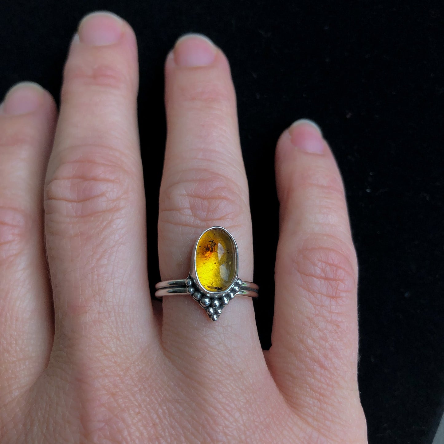 Silver Ring With Fossilised Amber Stone